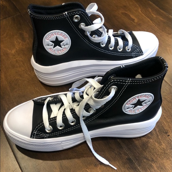 CONVERSE CHUCK TAYLOR MOVE PLATFORM HIGH TOP BLACK leather NEW - Picture 15 of 16